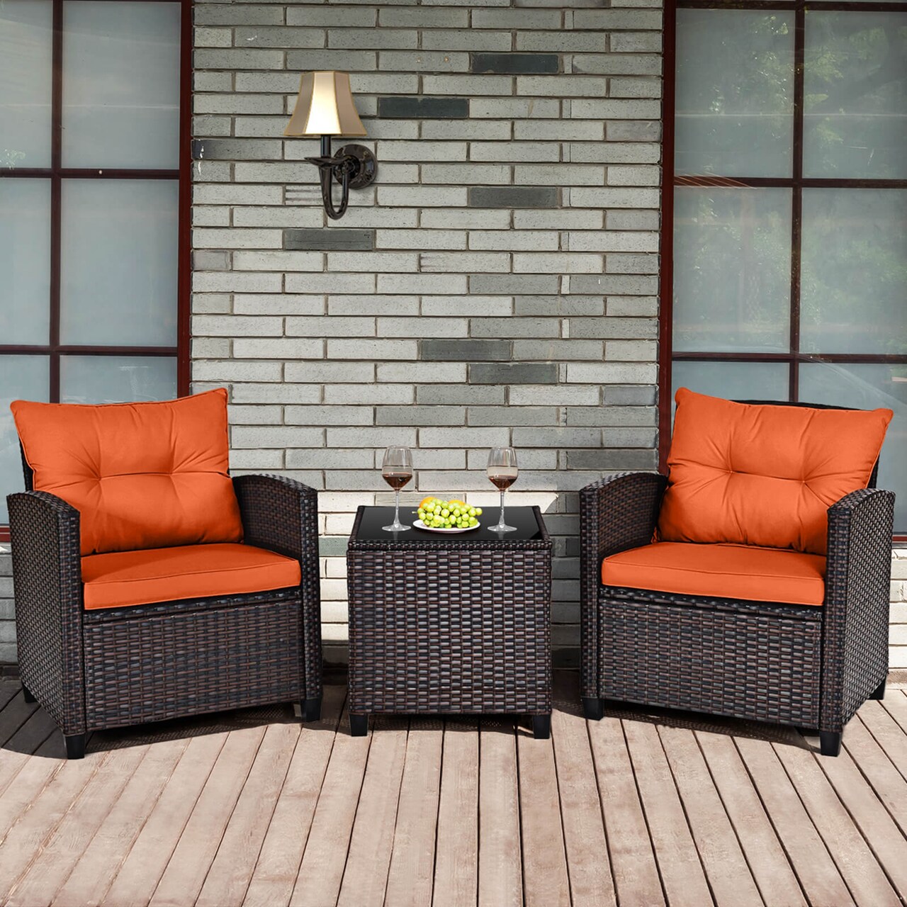 Costway 3PCS Patio Rattan Furniture Set Cushioned Conversation Set Sofa